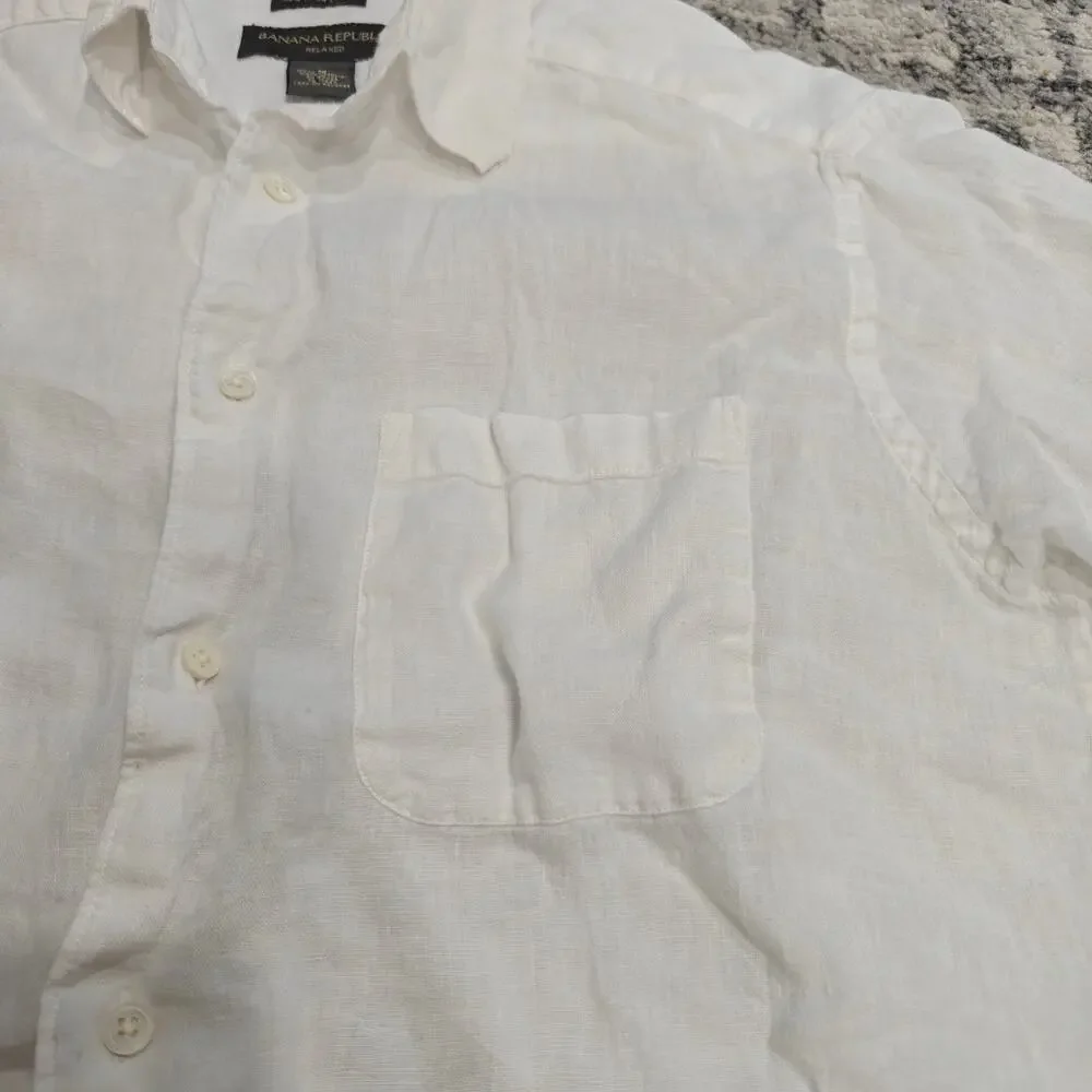 Banana Republic 100% Irish Linen Shirt Mens Medium White Short Sleeve Relaxed